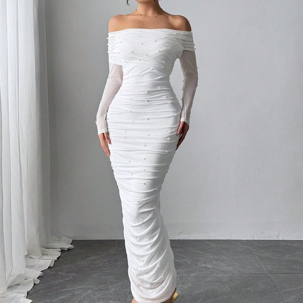 White Elegant Women's Open Shoulder Ruched Maxi Dress with Pearl Decor - Picture 3 of 8